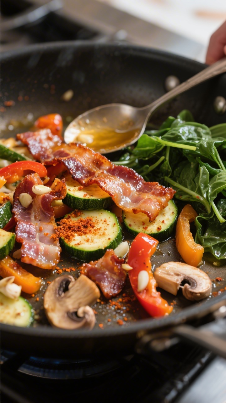 Cooking process: Crispy bacon and sautéed zucchini, bell peppers, and mushrooms finishing in the sa