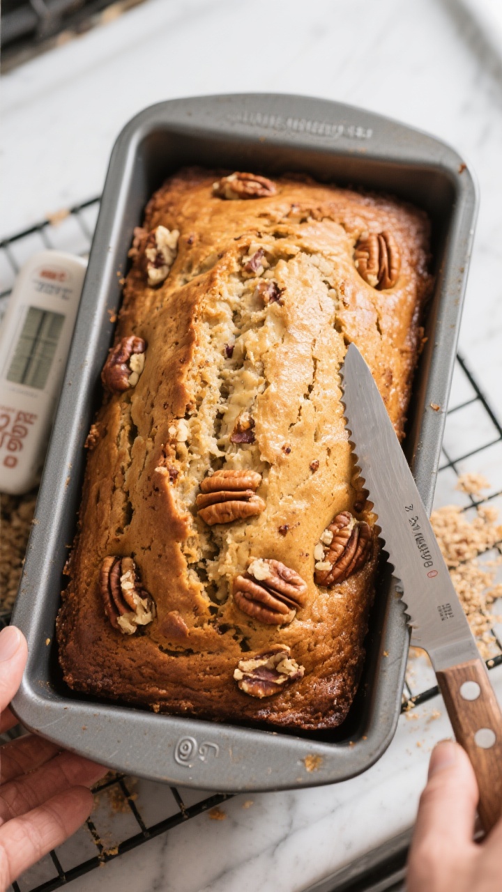 Cooking process: Overhead shot of a banana walnut loaf just out of the oven in a 9x5-inch pan, top d