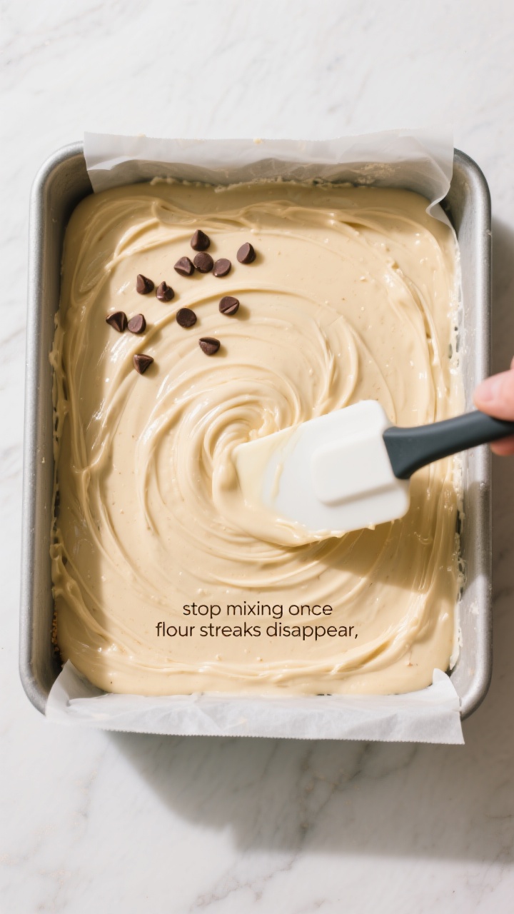 Cooking process: Overhead shot of smooth, pourable cake batter being leveled with a spatula in a par
