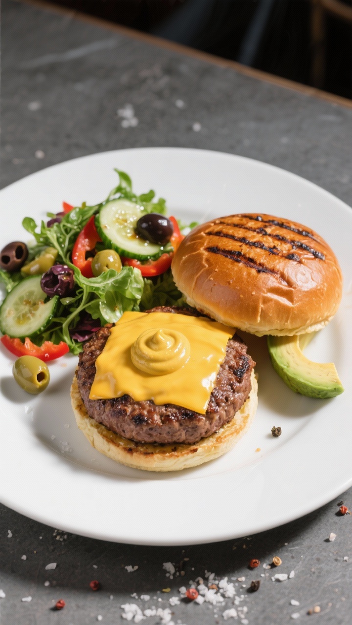 Final dish presentation: Bunless burger plate—thick beef patty with charred grill marks topped wit