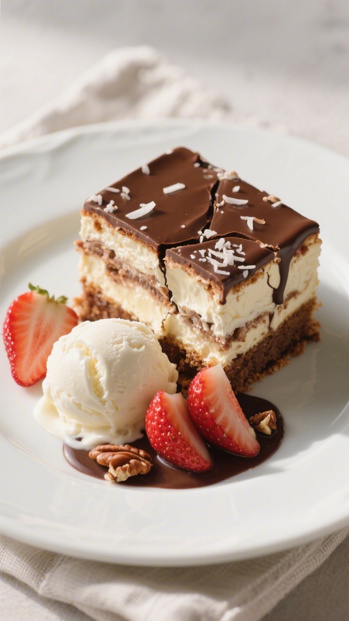 Final plated dessert presentation: a generous square of Strawberry Earthquake Cake on a simple white