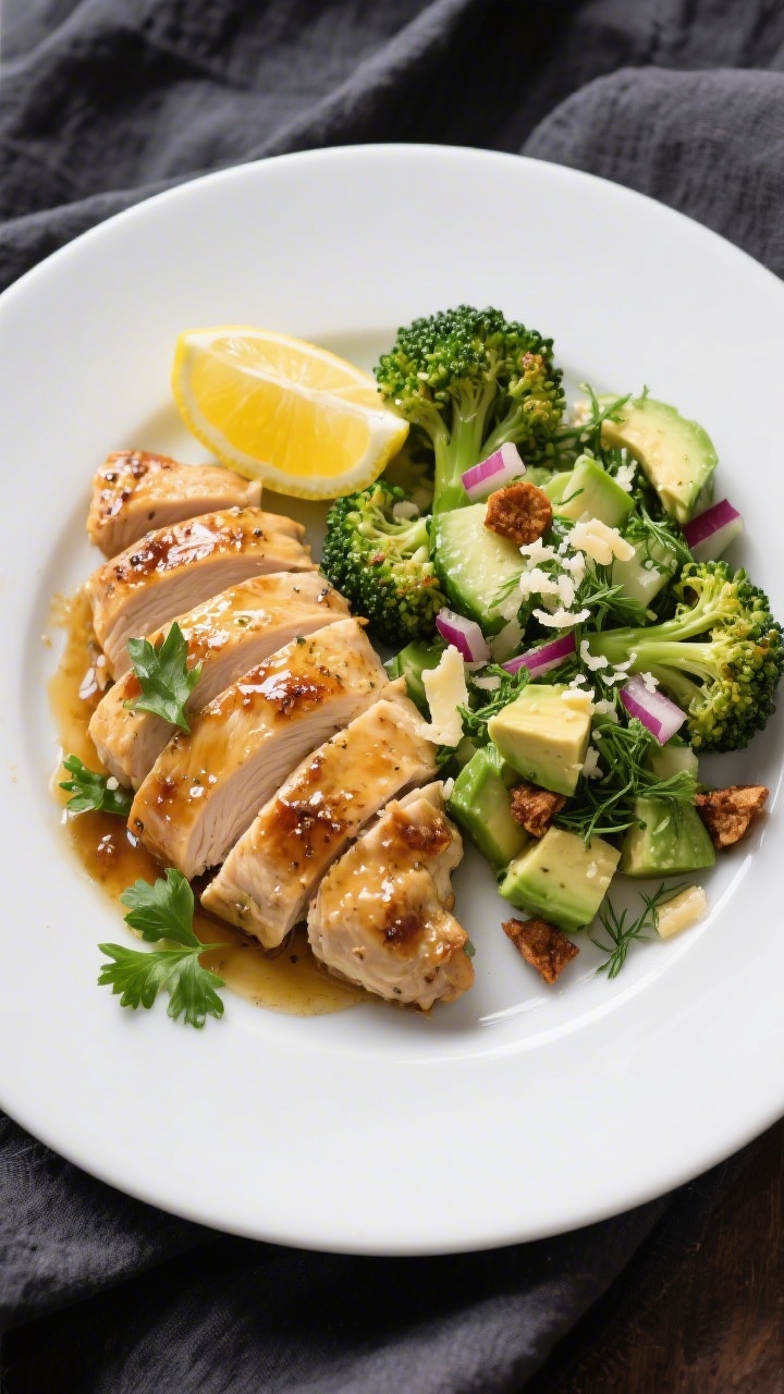 Final plated dish: Bistro-style keto dinner plate—sliced garlic butter chicken fanned and coated w