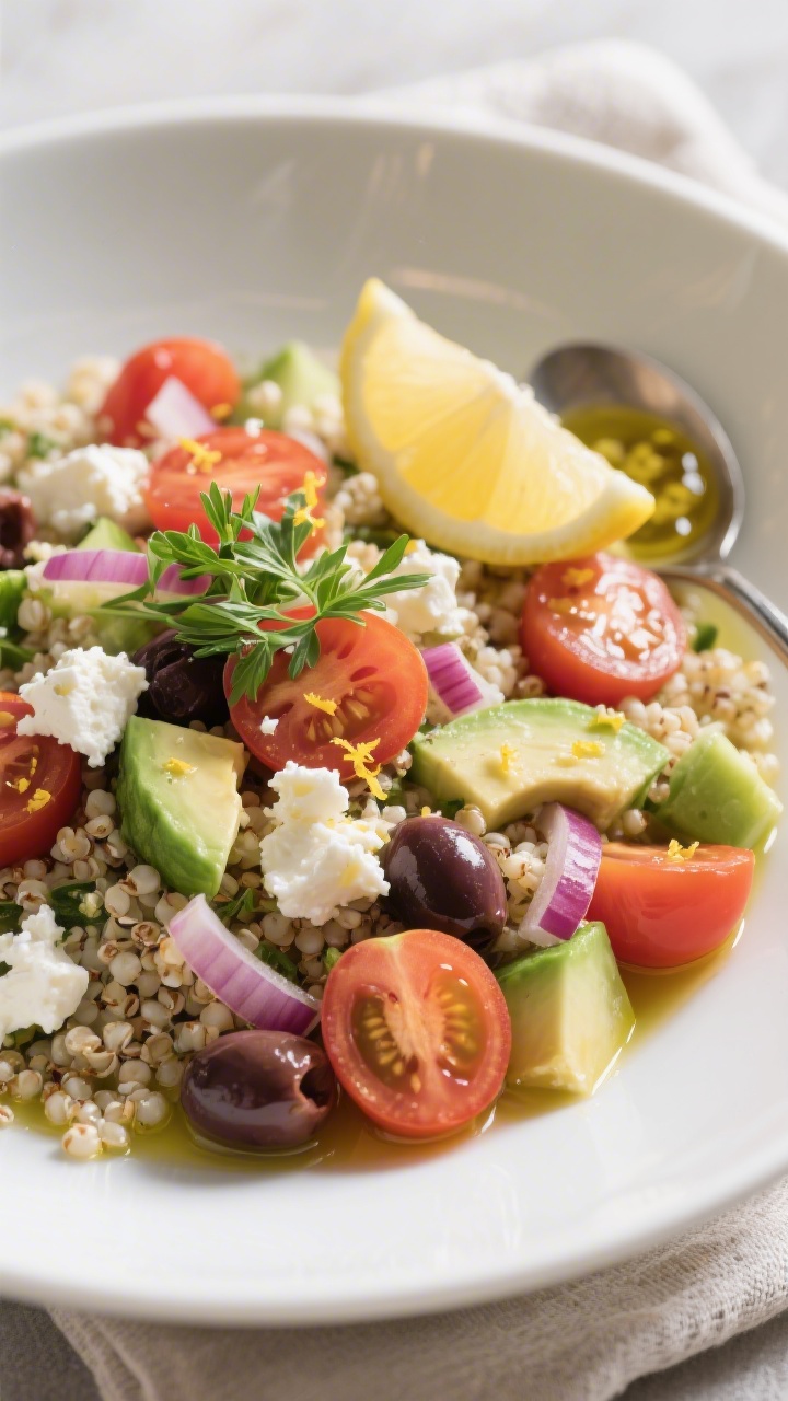 Final plated dish, restaurant-quality presentation: Beautifully plated Mediterranean quinoa salad in