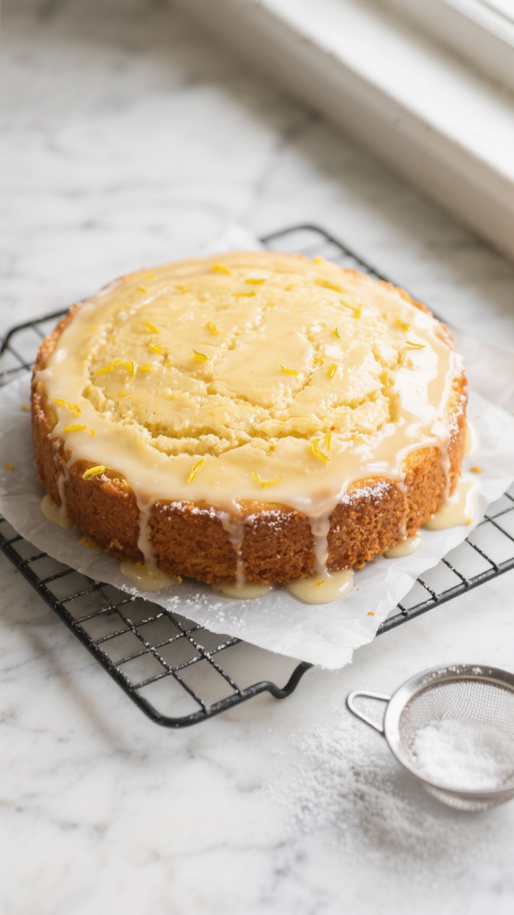 Overhead shot of a freshly baked single-layer Lemon Yogurt Cake cooling on a wire rack, golden top w