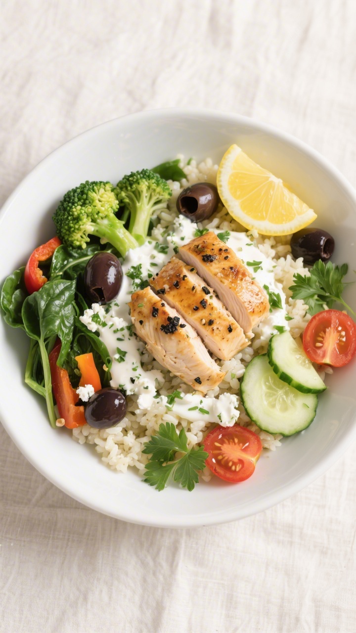 Tasty top view: Overhead shot of a Mediterranean chicken keto bowl—bed of garlicky cauliflower ric