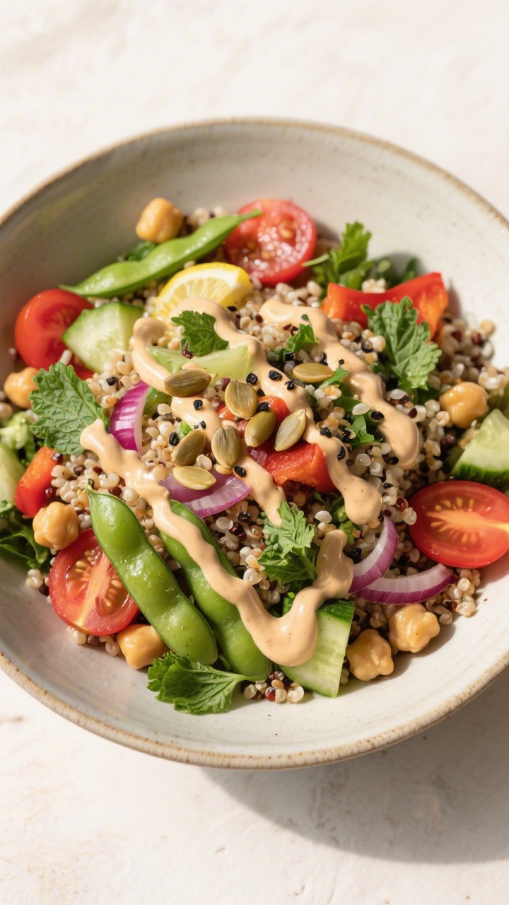 Tasty top view — Overhead shot of the assembled Glow-Up Quinoa Salad in a wide, shallow ceramic bo