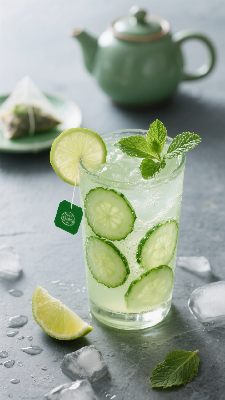 45-degree angle final drink presentation: a tall chilled glass of cucumber-mint green tea cooler with pale green hue, two green tea bags and a small teapot in the background, 6–8 translucent cucumber slices lining the glass, 6 gently crushed mint leaves floating, a wedge and 1 teaspoon’s worth of fresh lime juice evident by micro-bubbles and condensation on glass. Set on a cool slate surface with ice scatter, shot in soft daylight to highlight freshness; crisp, spa-like styling; no people.