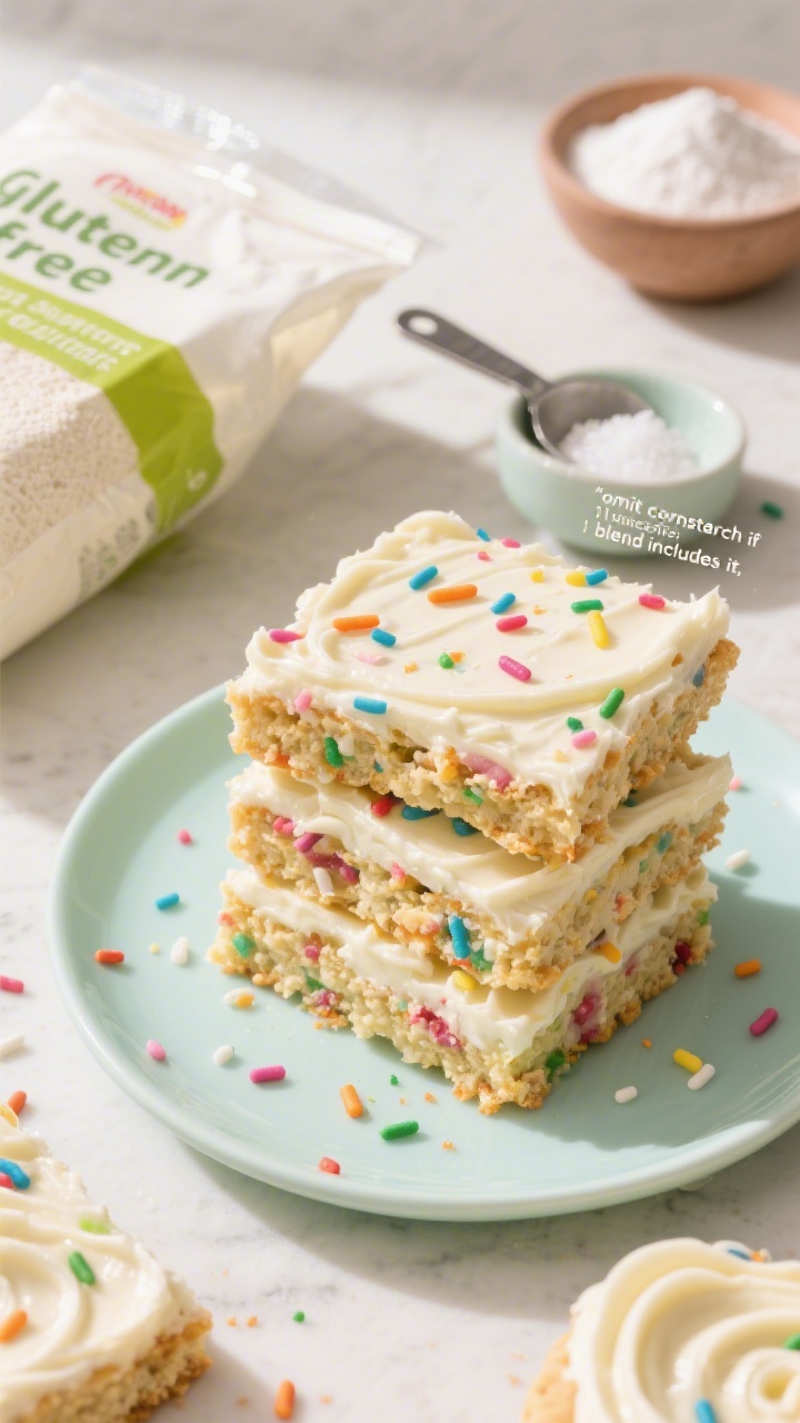 45-degree angle final presentation of Soft Frosted Funfetti Sugar Cookie Bars (Gluten-Free Option) stacked on a pastel plate: thick, soft bars with a plush layer of vanilla frosting and rainbow sprinkles, colorful confetti visible throughout the crumb. Include a bag of gluten-free 1:1 baking flour (or all-purpose flour) open with a measuring scoop, a small dish noting “omit cornstarch if blend includes it,” plus bowls of baking powder and fine sea salt. Bright, joyful styling with natural light, emphasizing tender, slightly crinkled edges and creamy frosting swirls.