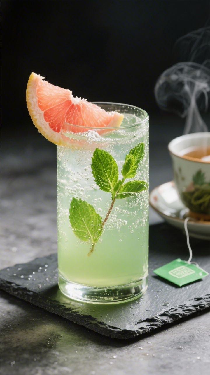 45-degree angle shot of a tall clear glass of green tea citrus spritz: pale jade-green brewed green tea (175°F steeped, then cooled) topped with sparkling bubbles, a 1/4 cup ribbon of fresh grapefruit juice giving a blush gradient, and 3–4 fresh mint leaves pressed to the glass; garnished with a thin grapefruit wedge; set on a chilled slate with a steaming teacup and green tea bag nearby; refreshing, clean lines, slight condensation on glass.