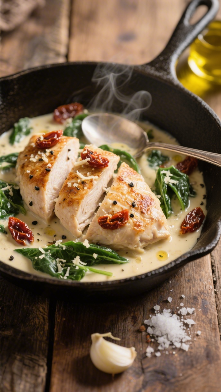 45-degree close-up of creamy Tuscan skillet chicken: seared, halved chicken breasts in a silky Parmesan cream sauce studded with sun-dried tomatoes and wilted spinach, flecks of black pepper and garlic visible. The sauce clings to the chicken with gentle steam rising, spoon partially dipped to suggest “eat with a spoon.” Cast-iron skillet on a rustic wood table with a drizzle of olive oil, a small pile of minced garlic, and a sprinkle of kosher salt nearby. Warm, soft light for a cozy Italian bistro vibe.