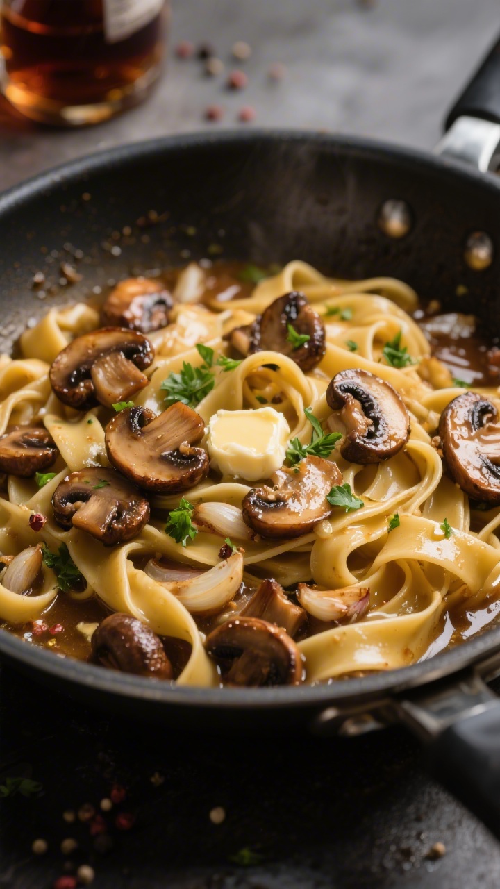 45-degree dynamic sauté shot of Mushroom Marsala Tagliatelle: wide pan with mixed cremini mushrooms deeply browned, shallots and minced garlic glistening, a visible splash of dry Marsala wine reducing into a glossy sauce with butter and olive oil; fresh tagliatelle just folded in, strands catching the sheen; a scattering of chopped parsley and a few cracked pepper flecks; moody, warm lighting to accentuate caramelization and silky texture.