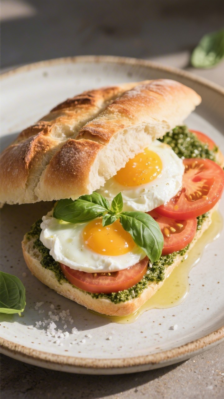 45-degree plated beauty: a Caprese egg sandwich on a toasted ciabatta roll. Showcase basil pesto swirled on the bread, two softly cooked eggs (jammy or over-medium), torn creamy burrata pooling slightly, ripe tomato slices with visible seeds, and fresh basil leaves. A light olive oil glisten and a pinch of salt on tomatoes. Natural daylight with gentle shadows, rustic ceramic plate, airy Mediterranean mood, crisp ciabatta texture emphasized.