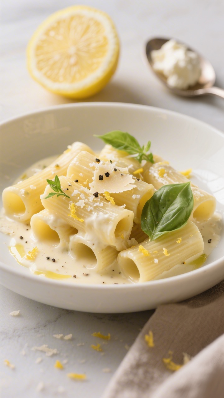 45-degree plated close-up of Creamy Lemon Ricotta Rigatoni: rigatoni coated in a silky ricotta-Parmesan sauce with visible lemon zest, a squeeze of fresh lemon juice glossing the sauce, and tiny garlic specks; butter and olive oil richness evident; topped with micro-grated Parmesan, cracked black pepper, and a few torn basil leaves for freshness; served in a shallow ivory bowl with a halved lemon and a spoonful of ricotta in the background; soft, bright daylight for an elegant, “feels fancy” mood.