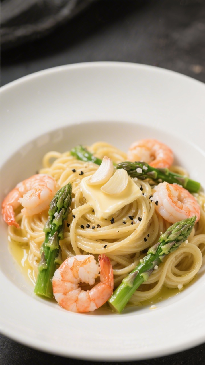 45-degree plated pasta: twirls of spaghetti coated in glossy garlic butter, studded with plump pink shrimp and bright-green asparagus segments; flecks of black pepper and kosher salt visible, butter pooling lightly; a pat of melting butter and sautéed garlic slices on top; served in a wide-rimmed white bowl with clean highlights, suggesting a fast, elegant 20-minute dinner.