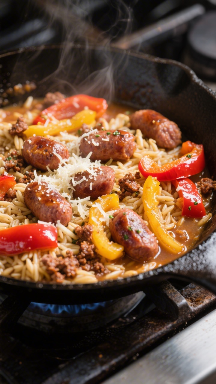 45-degree skillet action shot of five-ingredient sausage, peppers, and orzo: browned crumbles of Italian sausage mingling with tender orzo, glossy slices of red and yellow bell peppers, broth mostly absorbed creating a silky, starchy glaze; snow of grated Parmesan melting in, a pinch of Italian seasoning visible; cast-iron skillet on a stovetop with gentle steam, vibrant peppers contrasted against the rustic pan.