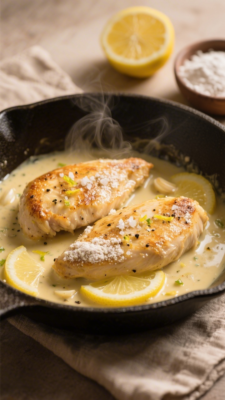 A 45-degree close-up of creamy lemon-garlic chicken cutlets in a shallow skillet: golden pan-seared chicken dusted in light flour with flecks of black pepper and garlic powder, bathed in a glossy lemon-garlic cream sauce with visible lemon slices and zest; sprinkle of kosher salt crystals on top, sauce clinging to the cutlets, steam rising, set on a warm, neutral linen with a halved lemon and a small bowl of flour and pepper nearby; professional moody lighting to emphasize sheen and texture, no people.