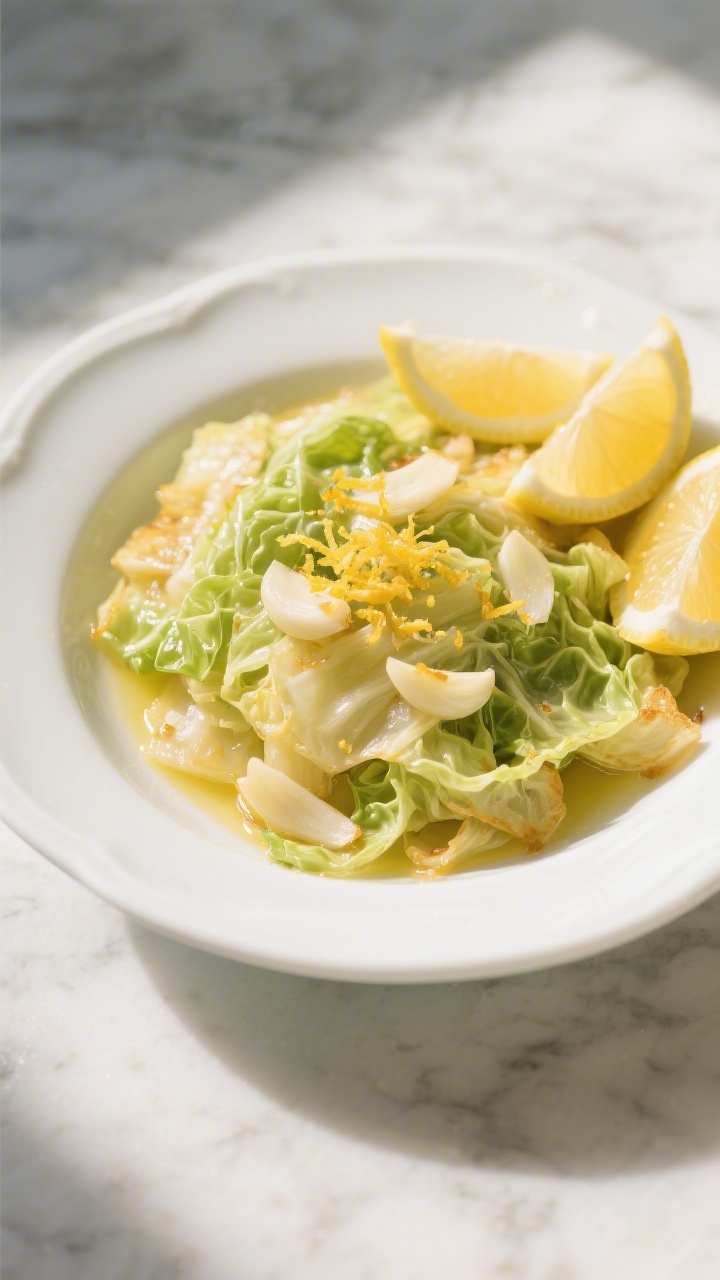 A bright 45-degree angle shot of garlicky lemon fried cabbage that tastes like sunshine: tender ribbons of Savoy cabbage tossed with thinly sliced garlic, glossy from extra-virgin olive oil and a touch of butter; vibrant lemon zest sprinkled on top and fresh lemon wedges alongside; finished with a squeeze of lemon juice that catches the light; plated in a white shallow bowl on a sunlit marble counter, crisp, fresh, citrus-forward mood.