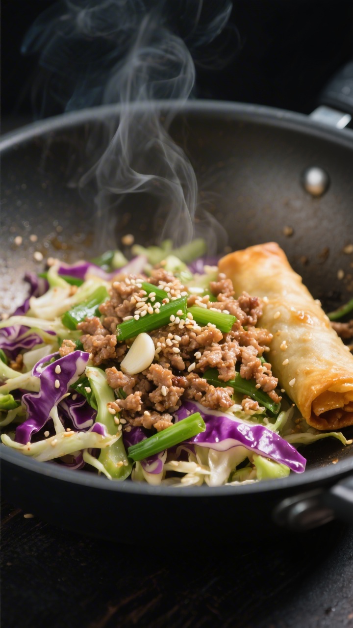 A close-up wok shot of 10-minute egg roll in a bowl: sizzling ground pork sautéed with minced garlic, thinly sliced green onions, and a mix of shredded coleslaw cabbage and purple cabbage for color, glossy from a quick toss in avocado oil; steam rising, sesame seeds scattered, and strands of cabbage catching the light; shallow depth of field to focus on the juicy pork crumbles and vibrant vegetables, with a neutral, dark backdrop for contrast.