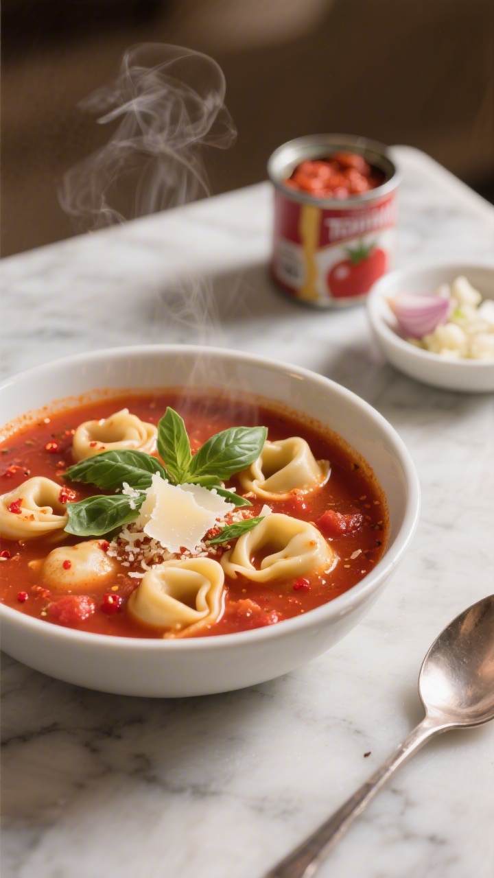 A cozy 45-degree plated bowl shot of tomato basil tortellini soup: cheese tortellini floating in a rich red base of crushed tomatoes, visible flecks of Italian seasoning and a hint of red pepper flakes, olive oil droplets shimmering on the surface; topped with torn fresh basil and a dusting of grated Parmesan; set on a marble surface with a spoon, a can of crushed tomatoes in the background blur, and a small dish of minced garlic and chopped onion to nod to the base aromatics; warm, inviting lighting, steam lifting gently, no people.