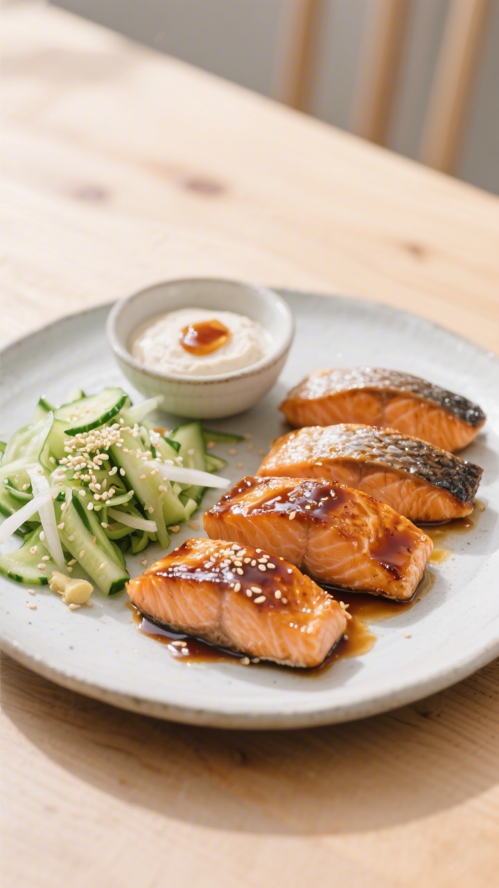A straight-on plated presentation of miso-maple glazed salmon with crunchy cucumber salad: four glistening salmon fillets, skin-on, lacquered with a caramelized miso-maple-soy glaze, edges just charred; alongside a crisp cucumber salad dressed with rice vinegar and grated fresh ginger, sprinkled with sesame seeds; a small bowl showing the white miso paste and a drizzle of maple syrup behind; clean, modern ceramic plate on a light wood surface, bright natural light to emphasize glaze and freshness, no people.