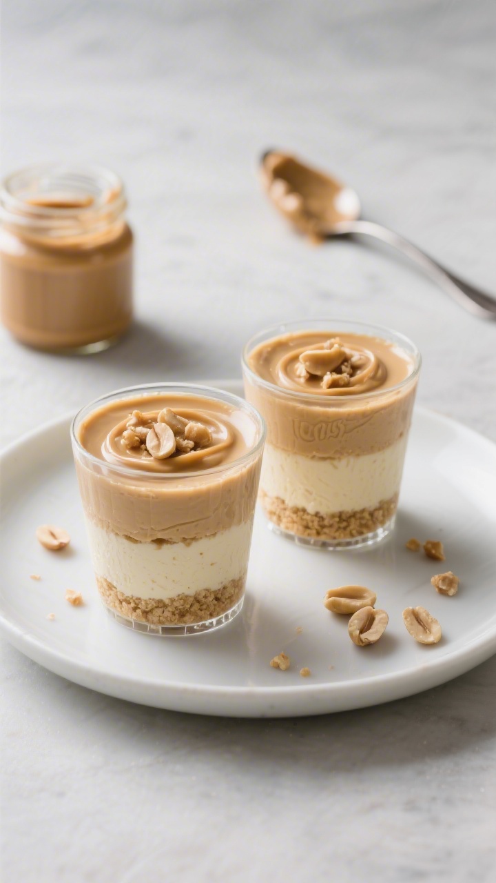 A straight-on plated presentation of no-bake peanut butter cheesecake cups in clear glass tumblers: creamy peanut butter cheesecake filling with clean layers, a thin almond flour “crust” base, topped with a drizzle of peanut butter and a few crushed roasted peanuts; cool, soft lighting, faint swirl texture visible in the filling; include a small jar of natural peanut butter and a spoon with a swoop of filling in the background for context, crisp modern styling