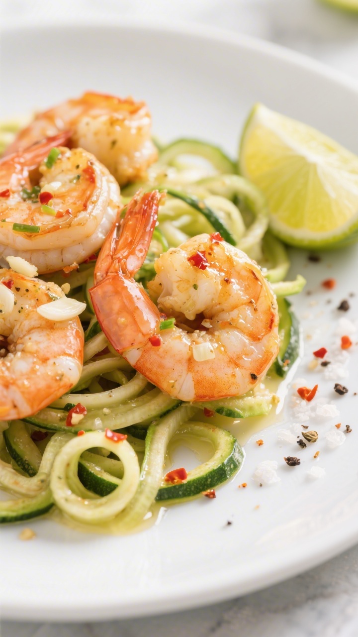 An overhead action shot of shrimp scampi zoodles: large shrimp sautéed in ghee with minced garlic, a hint of red pepper flakes, and a bright squeeze of lime juice; spiralized zucchini “zoodles” twirled beneath, slicked with chili-lime ghee; kosher salt and cracked black pepper sprinkled; lime wedges and a pinch of extra chili flakes on the side; clean, bright lighting for a zesty, light, keto-friendly vibe