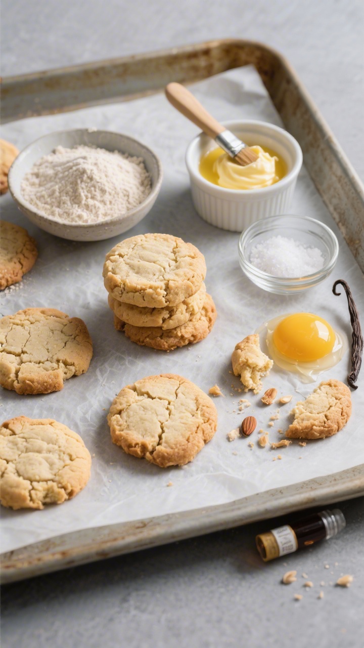 An overhead flat lay of freshly baked almond flour butter cookies on a parchment-lined sheet pan, edges lightly golden and crackly; include a small bowl of blanched almond flour, a ramekin of melted unsalted butter with brush sheen, a pinch dish of fine sea salt, a yolk in a tiny glass bowl, and a vial of vanilla extract; some cookies stacked, some scattered crumbs, minimal props on a cool gray surface, bright natural light to highlight melt-in-your-mouth crumb