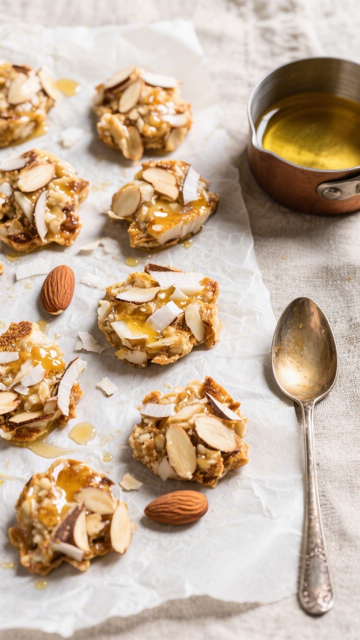 An overhead flat lay of toasted coconut almond clusters cooling on parchment: large unsweetened coconut flakes and sliced almonds bound in a glossy sheen of coconut oil, golden edges, irregular rustic clusters; a small saucepan with a spoon coated in melted coconut oil off to the side, neutral linen underneath, crisp, high-contrast lighting to emphasize crunch and texture.