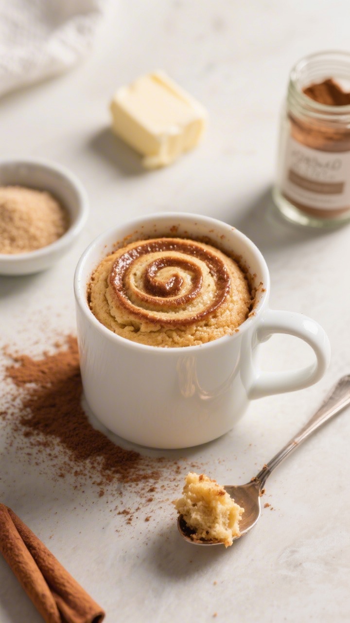 An overhead, in-mug scene of a cinnamon swirl keto mug cake just microwaved in a white ceramic mug, dramatic spiral of cinnamon visible on top with a slightly glossy, tender crumb; a dusting of cinnamon around the mug and a tiny spoon with a bite showing the fluffy interior; include ingredient cues: a small dish of granular sweetener, a pat of butter, and a jar of ground cinnamon; warm, inviting lighting on a simple countertop to convey quick, cozy indulgence