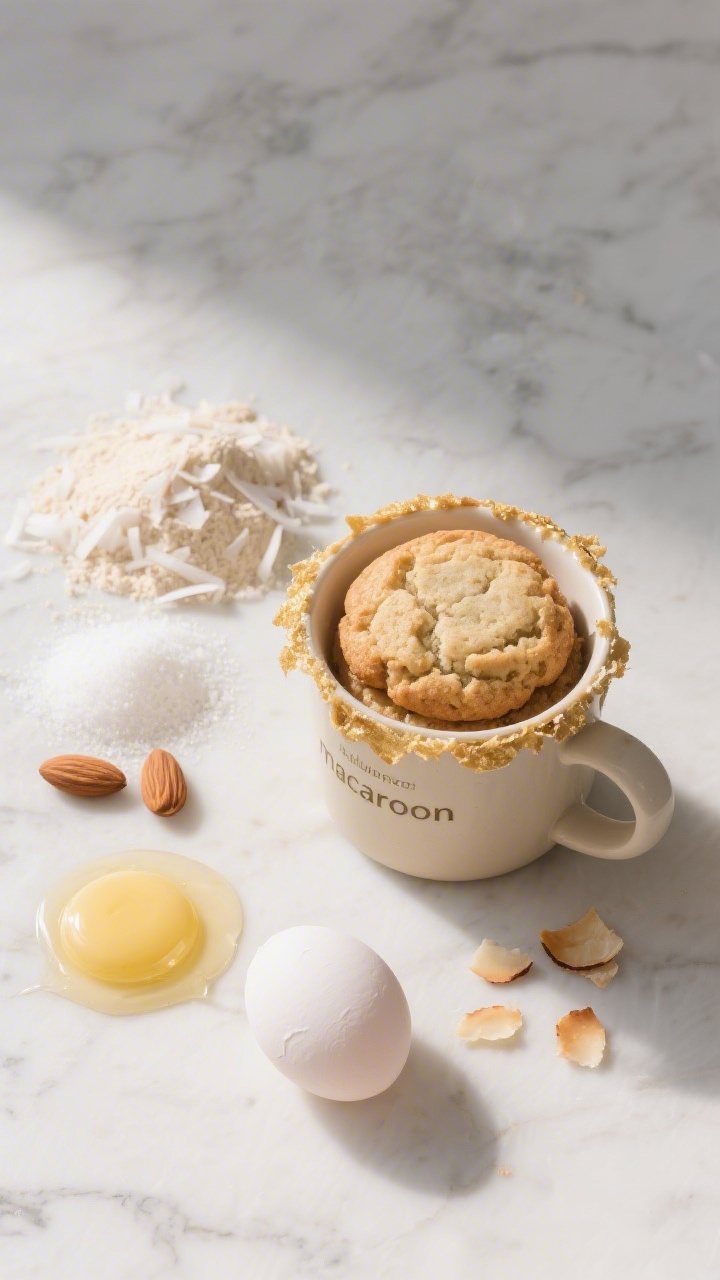 An overhead ingredients-to-final transformation flat lay for a coconut almond “macaroon” mug cookie: unsweetened shredded coconut flakes, almond flour, granulated allulose, melted butter, and a separated glossy egg white arranged neatly on the left; on the right, the finished chewy, toasty cookie in a neutral mug with golden-edged coconut top, a few toasted flakes scattered around; bright, clean styling on a light marble surface to emphasize texture and keto simplicity.
