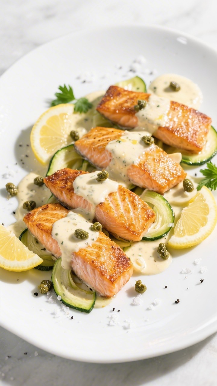An overhead plated presentation of crispy-skin salmon fillets (4, 5–6 oz each) with shatteringly crisp golden skin, nestled over delicate zucchini ribbons. Lemon caper cream sauce made with butter, garlic, and heavy cream spooned over and around the salmon, dotted with briny capers and a squeeze of fresh lemon. Light, bright styling on a white ceramic plate, sprinkled with kosher salt and black pepper, thin lemon slices and a few parsley leaves for contrast, clean modern look, natural daylight.