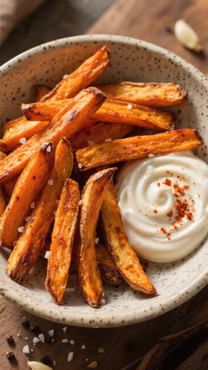 An overhead shot of sweet potato “fries” cut into uniform 1/2-inch sticks, roasted to caramelized edges with smoked paprika, garlic powder, kosher salt, and black pepper; arranged in a neat pile in a speckled stoneware bowl with a tangy yogurt dip swirled and dusted with paprika on the side; warm, golden-hour lighting to accentuate orange hues and crisp texture