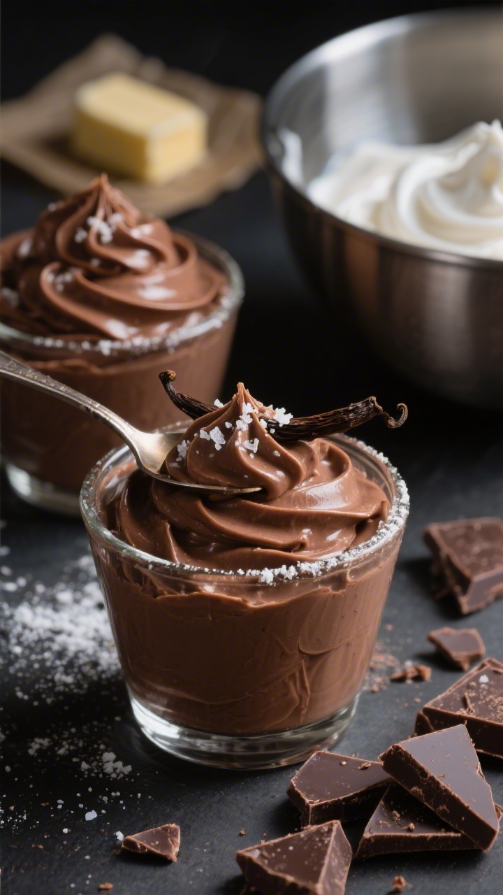 Close-up, 45-degree angle of Silky Chocolate Mousse spooned into small glass cups, ultra-smooth and glossy, with faint swirls on top; garnish with a light dusting of powdered erythritol, a hint of vanilla bean specks, and a pinch of flaky sea salt. Include a blurred background of chopped unsweetened baking chocolate, a small pat of unsalted butter on parchment, and a chilled metal bowl with whipped heavy cream to suggest the cold, airy texture. Low-key lighting, rich cocoa tones, shallow depth of field, professional studio setup.