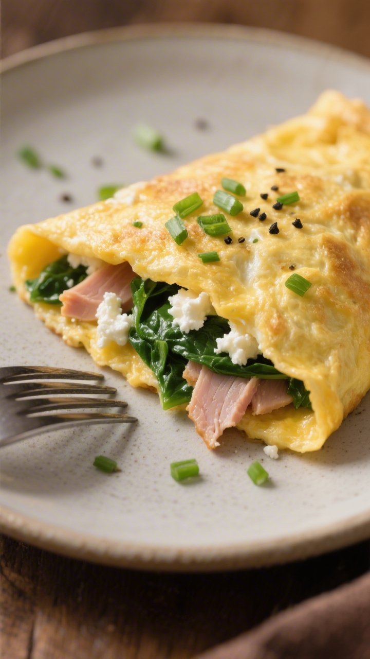 Close-up cutaway of a Cottage Cheese Power Omelet with Spinach and Smoked Turkey: folded golden omelet revealing low-fat cottage cheese curds, chopped fresh spinach, and diced smoked turkey breast; sprinkled with chopped chives or green onions and a crack of black pepper; served on a matte ceramic plate with a fork; shallow depth of field, warm morning light, emphasis on creamy-curdy texture.