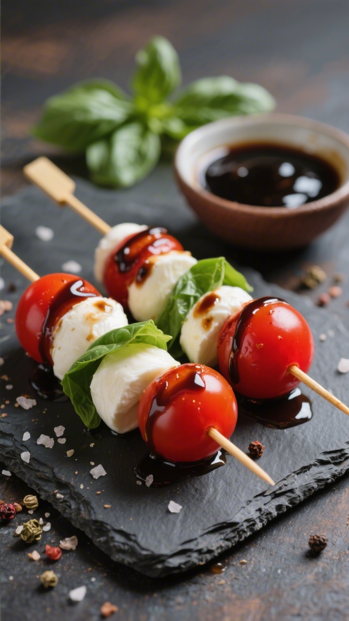 Close-up of Caprese skewers on a slate board: cherry tomatoes, ciliegine mozzarella balls, and fresh basil leaves threaded neatly on short bamboo picks; finished with a glossy balsamic drizzle and a light extra-virgin olive oil sheen, flakes of kosher salt and cracked pepper visible; a small bowl of thick balsamic reduction and scattered basil leaves in the background; shallow depth of field, juicy reds and creamy whites popping.