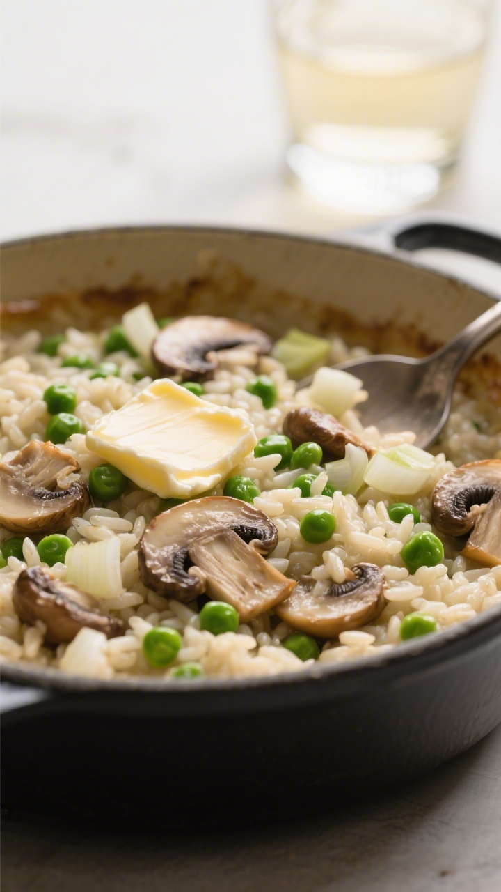 Close-up of no-stir baked risotto with mushrooms and peas in a Dutch oven: creamy Arborio rice with visible starch sheen, sautéed cremini mushrooms layered throughout, sweet peas popping green, a pat of melting butter on top; hints of dry white wine aromatics suggested by a glass in background, chopped shallots clinging to grains; spoon creating a gentle wave to show creaminess, soft diffused light and shallow depth of field.