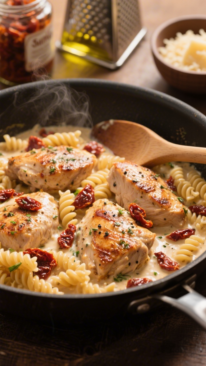 Close-up of one-pan creamy sun-dried tomato chicken pasta in a wide sauté pan: bite-size chicken thighs seasoned with salt, black pepper, and Italian seasoning, seared in olive oil from the sun-dried tomato jar; corkscrew pasta coated in a silky cream sauce studded with chopped sun-dried tomatoes, flecks of herbs, and a sheen of oil; a wooden spatula stirring, cheese grater and small bowl of grated Parmesan in the background, warm tungsten lighting, steam rising.