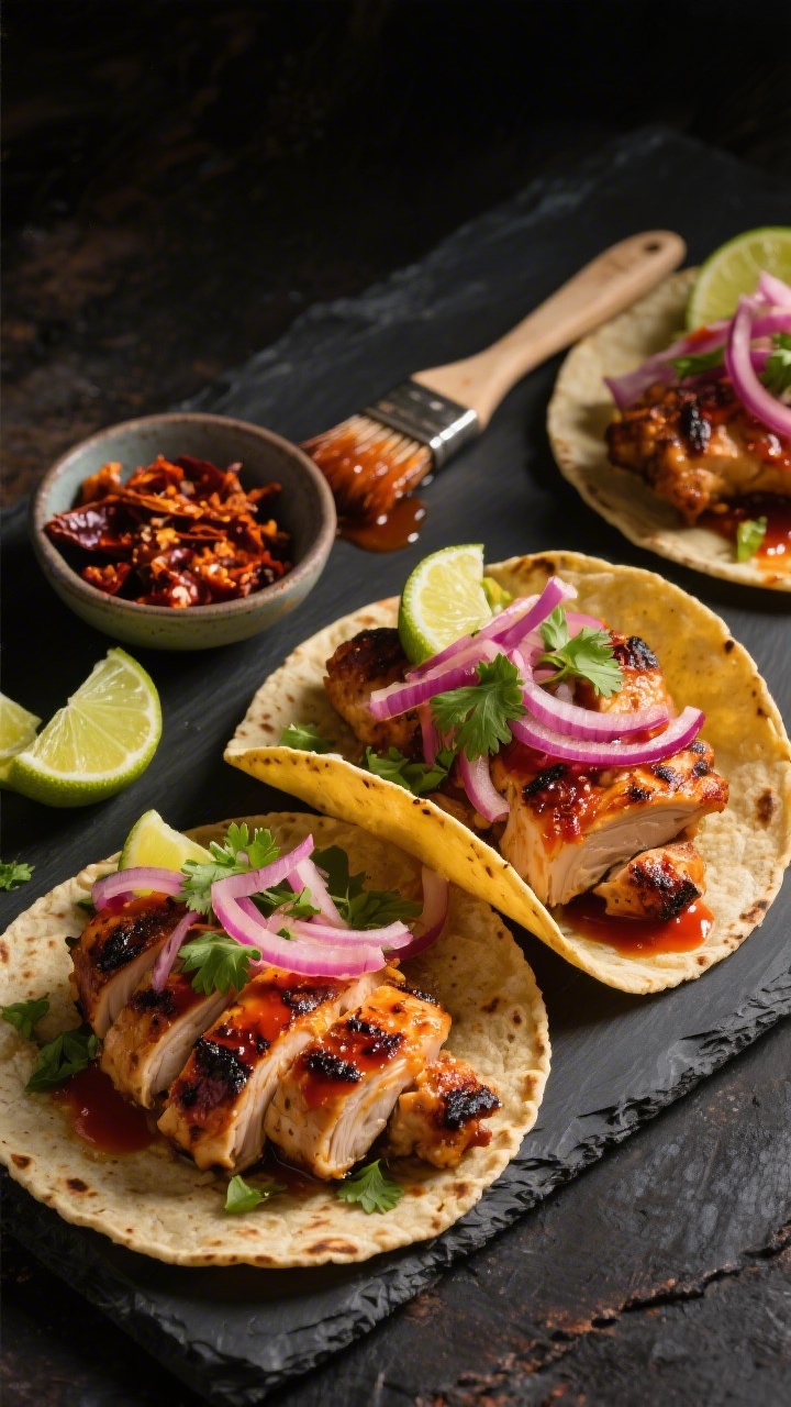 Dynamic 45-degree taco spread: smoky chipotle-lime chicken thighs sliced and tucked into warm corn tortillas, topped with quick pickled red onions, fresh cilantro, and a squeeze of lime; adobo sauce-brushed chicken showing charred edges and a reddish hue from chipotle; include a small bowl of minced chipotle in adobo, a brush with residual sauce, and lime wedges; moody, contrasty lighting to emphasize the smoky, spicy profile.