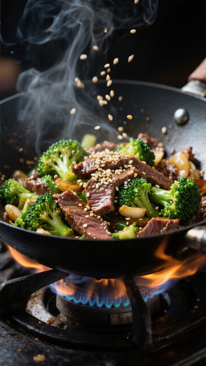 Dynamic wok action shot at 45 degrees: sesame-ginger beef and broccoli stir-fry sizzling—thinly sliced flank steak seared with sesame oil, garlic, and a splash of coconut aminos/tamari and rice vinegar; bright-green broccoli florets glossy and crisp-tender; sesame seeds scattered on top. Slight motion blur on steam, high-heat highlights, black carbon-steel wok on a gas flame; moody directional light.