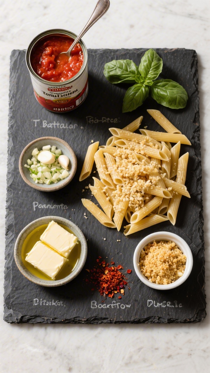 Ingredient-prep flat lay for Tomato-Basil Penne With Garlic-Butter Breadcrumbs: uncooked penne, a 28-oz can of crushed tomatoes open with a spoon, fresh basil leaves, two small bowls—one with minced garlic for sauce, one with minced garlic for breadcrumbs—unsalted butter (divided sticks), olive oil, red pepper flakes, and a ramekin of golden toasted garlic-butter breadcrumbs; arranged neatly on a dark slate board with labels implied by separation; overhead shot, vibrant color contrast and crisp shadows.