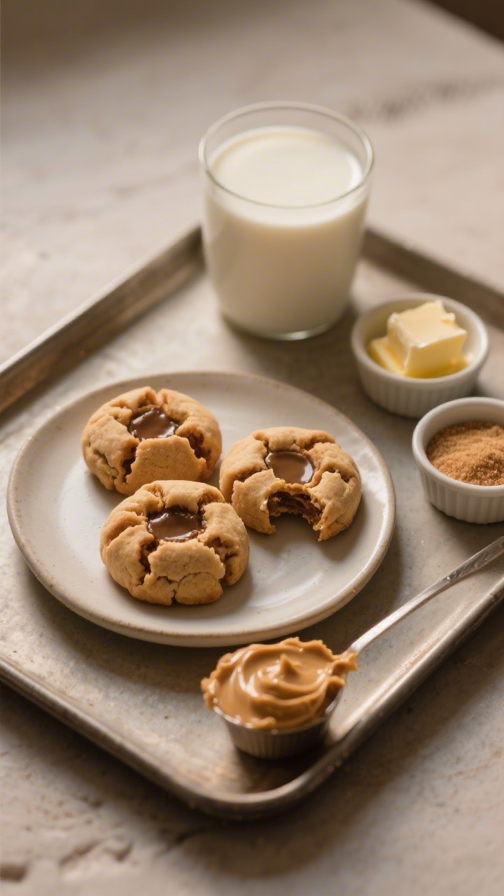 Intimate 45-degree small-batch setup: a petite plate with four perfectly baked peanut butter blossoms, one with a bite showing soft interior; tiny prep mise en place beside it—3 tablespoons softened butter, a mini scoop of creamy peanut butter, small ramekins of granulated and light brown sugar; styled on a compact tray with a cup of milk, cozy evening light, minimalist composition for “for two” vibes.