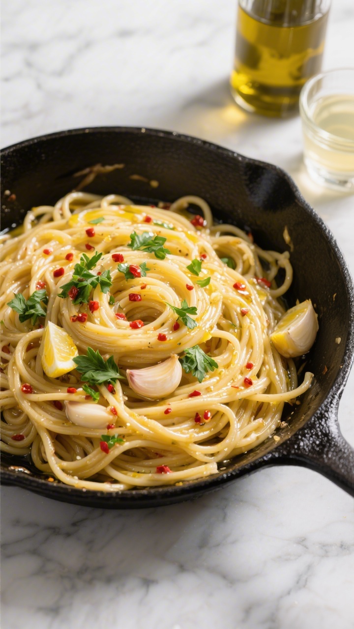 Overhead action shot of Lightning-Fast Spaghetti Aglio e Olio: glossy spaghetti strands tossed in extra-virgin olive oil with thinly sliced golden garlic, visible red pepper flakes, and a splash of starchy reserved pasta water creating an emulsified sheen; finished with a generous shower of chopped fresh parsley and a few lemon zest flecks; styled in a wide black skillet on a light marble surface with a small glass cup of reserved pasta water and a bottle of olive oil nearby; crisp, high-contrast lighting emphasizing glistening oil and chili crunch.
