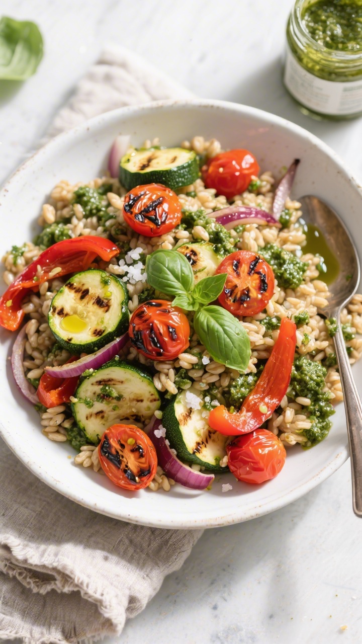 Overhead charred veggie and pesto farro salad: a wide white bowl piled with chewy farro tossed in vibrant green pesto, topped with blistered cherry tomatoes, char-marked zucchini half-moons, roasted red bell pepper strips, and sweet caramelized red onion slivers, olive oil droplets catching light, fresh basil leaves tucked in, sea salt flakes visible, set on a rustic linen with a serving spoon and a jar of pesto nearby, bright daylight