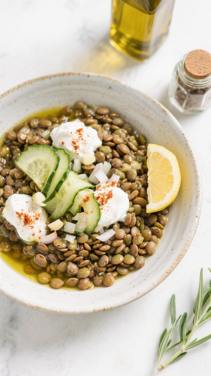 Overhead composed Mediterranean lentil bowl assembly: a wide ceramic bowl filled with tender brown-green lentils simmered in vegetable broth, drizzled with olive oil and seasoned with cumin; topped with dollops of garlicky yogurt, quick-pickled cucumber ribbons, finely chopped onion, and a dusting of smoked paprika; lemon wedge on the side, extra virgin olive oil bottle and cumin jar partly in frame; bright, clean styling with cool whites and herbaceous greens.