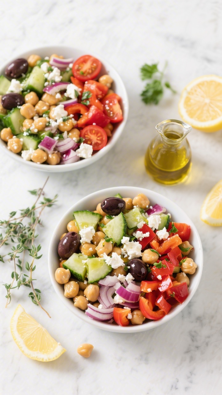 Overhead flat lay of a Greek chickpea power salad: bowls brimming with chickpeas, diced English cucumber, halved cherry tomatoes, diced red bell pepper, finely chopped red onion, Kalamata olives, and crumbled feta, all glistening with a lemon-herb vinaigrette. Lemon halves, fresh oregano and parsley sprigs, and a small carafe of vinaigrette on a light marble surface; vibrant Mediterranean colors, crisp veggies, clean, bright styling.