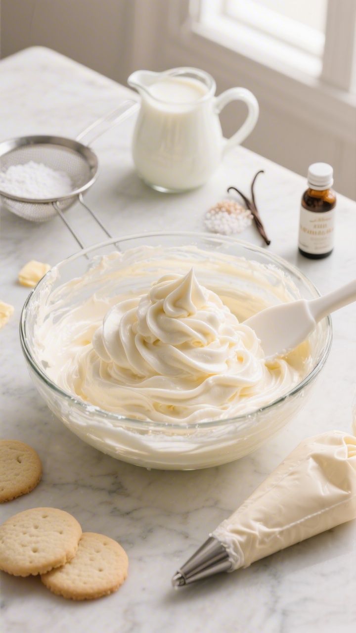 Overhead flat lay of Bakery-Style Vanilla Cloud Frosting being whipped to a billowy, glossy peak in a glass mixing bowl: softened unsalted butter creamed with sifted powdered sugar, heavy cream in a small pitcher, pure vanilla extract in a vial, and a tiny pinch of fine salt beside a sifter. Include a rubber spatula with silky frosting swirls, a piping bag partially filled, and pale, soft-iced sugar cookies nearby. Soft neutral palette (ivory, cream, pale gold), natural window light, marble surface, no people.