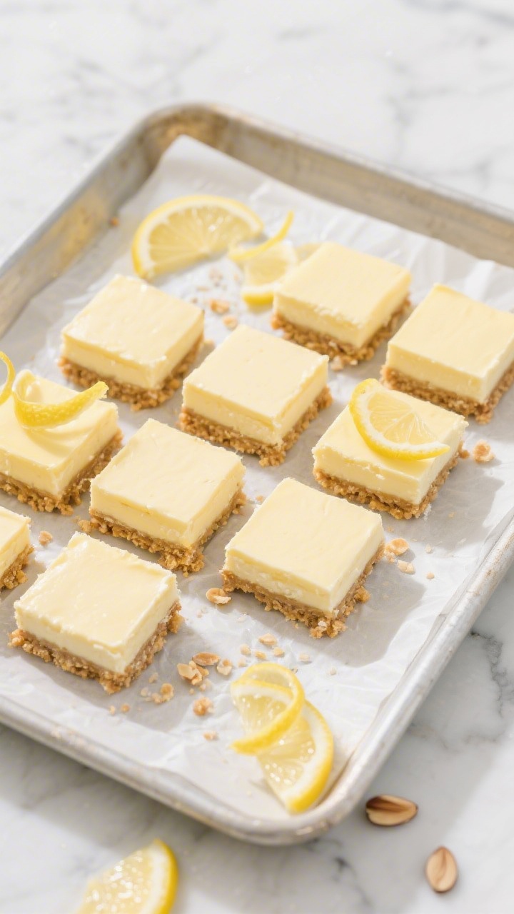 Overhead flat lay of Lemon Cheesecake Bars With Almond Crust arranged in neat squares on a parchment-lined baking tray, some bars slightly offset to show the almond crust layer versus the creamy lemon cheesecake layer. Style with lemon zest curls, thin lemon slices, and a few scattered almond crumbs. Cool, bright lighting to emphasize the pale yellow cheesecake and golden crust, clean marble surface, sharp focus on textures of the crust and creamy top, minimal props for a modern bake-sale vibe.