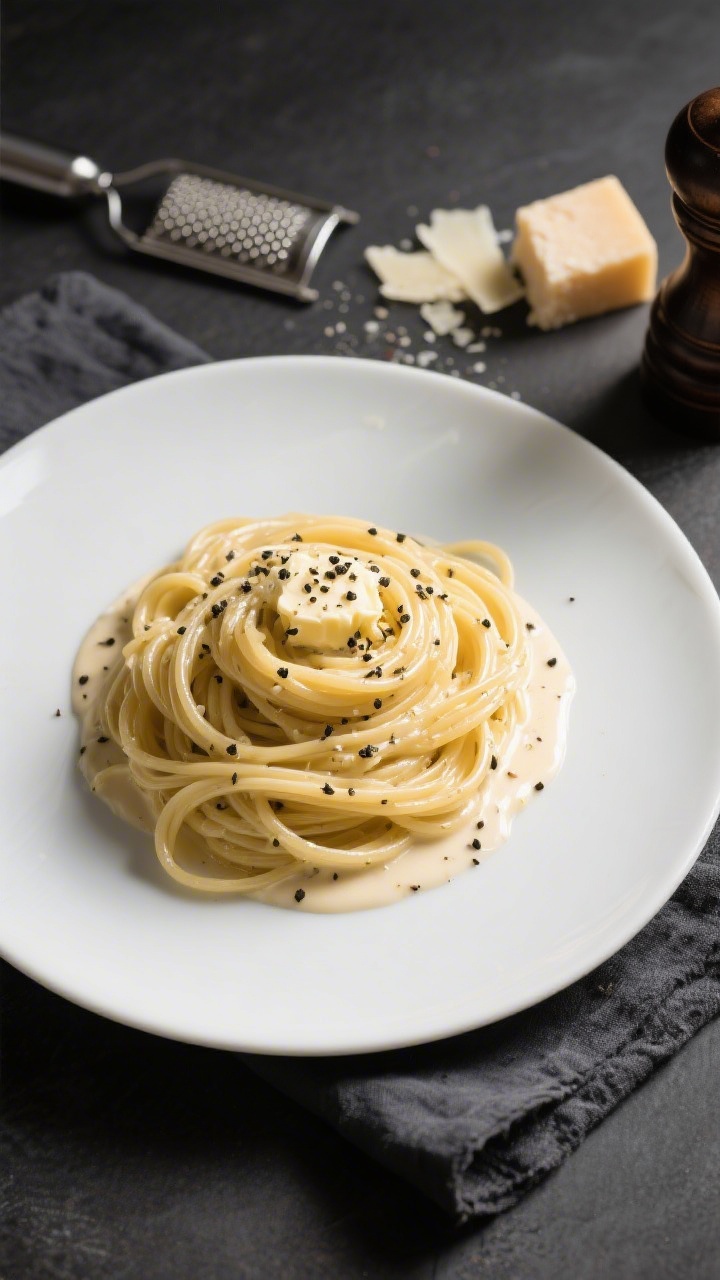 Overhead minimalist image of Five-Ingredient Cacio e Pepe: tonnarelli twirled into neat nests, glossy from a creamy Pecorino emulsion with abundant, coarsely cracked black pepper visibly studded throughout; optional butter subtly melted in; no garnish beyond cheese and pepper; plated on a matte white plate over a charcoal linen to emphasize simplicity; a microplane with Pecorino shavings and a pepper mill at the frame edge; soft directional light to reveal silky sauce.