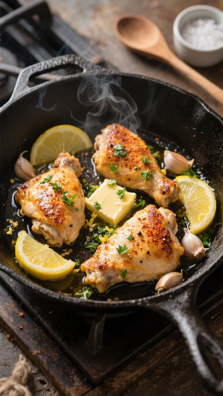 Overhead one-pan action shot: lemon-garlic skillet chicken with herb butter sizzling in a black cast-iron pan. Boneless, skinless chicken thighs seared golden with a light paprika tint, flecks of garlic powder and black pepper visible, finished with melting herb butter dotted with chopped parsley and lemon zest. Lemon slices and crushed garlic cloves nestled in the pan, a glisten of olive oil pooling around. Set on a rustic stovetop with a wooden spoon and a small ramekin of kosher salt nearby. Warm, directional light, steam subtly rising, crisp textures emphasized.
