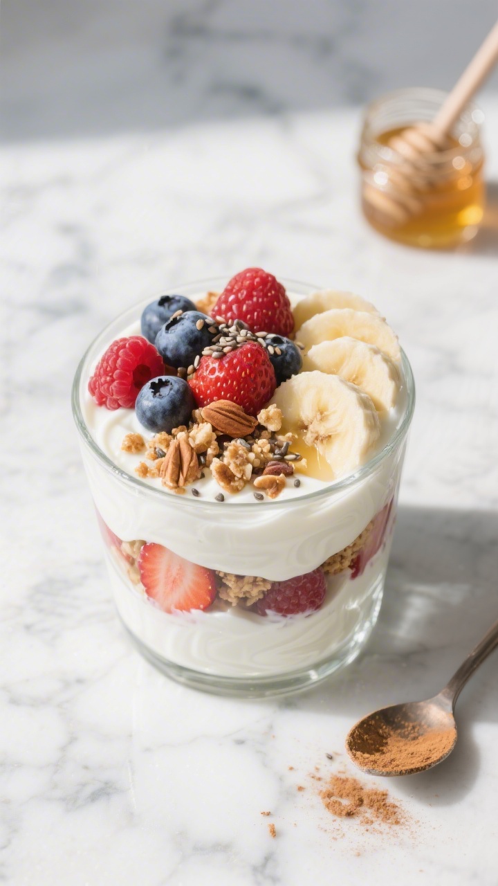 Overhead shot of a cloud-soft Greek yogurt parfait layered in a clear glass: 1 cup plain 2% Greek yogurt swirled with 1 tablespoon honey, topped with 1/2 cup mixed berries (strawberries, blueberries, raspberries), 1/2 small banana slices tucked along the glass wall, and a crunchy cinnamon almond crumble scattered on top with a sprinkle of chia seeds; styled on a cool marble surface with a small jar of honey and a spoon dusted with cinnamon; bright morning light, crisp whites, vibrant berry colors, creamy texture against crunchy crumble.